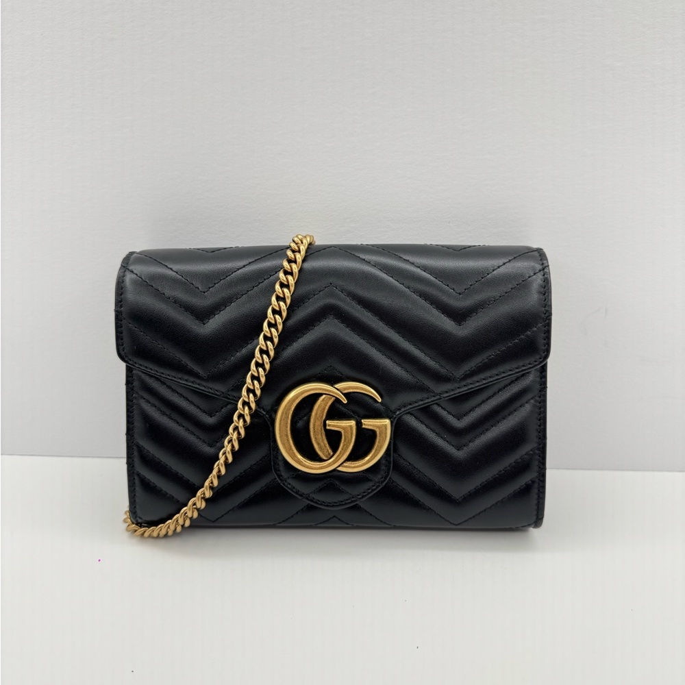 Gucci Black Chevron Crossbody Bag with Gold Accents